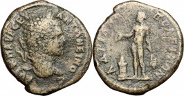 Caracalla (198-217). AE, Thrace, Hadrianopolis mint, 198-217. D/ Head of Caracalla right, laureate. R/ Apollo standing left; sacrificing over lighted ...