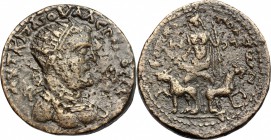 Valerian I (253-260). AE, Cilicia, Irenopolis mint, 253-260. D/ Bust of Valerian right, radiate, cuirassed. R/ Dionysos in biga of panthers frontal; h...
