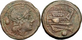 Anonymous post-semilibral series. AE Uncia, 215-212 BC. D/ Head of Roma right, helmeted; behind, pellet. R/ Prow of galley right; below, pellet. Cr. 4...