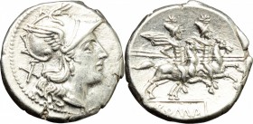 Anonymous. AR Denarius, 211 BC. D/ Head of Roma right, helmeted. R/ Dioscuri galloping right. Cr. 53. AR. g. 3.92 mm. 18.00 Sharply struck. About EF/G...