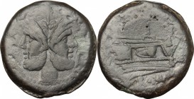 Anonymous sextantal series. AE As, 211 BC. D/ Head of Janus, laureate. R/ Prow of galley right. Cr. 56/2. AE. g. 40.26 mm. 35.00 Good F.