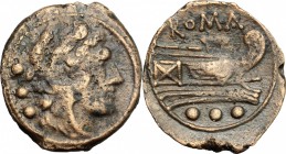 Anonymous sextantal series. AE Quadrans, 211 BC. D/ Head of Hercules right, wearing lion's skin; behind, three pellets. R/ Prow of galley right; below...
