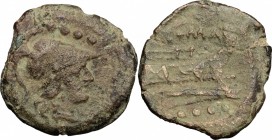 Victory series. AE Triens, Central Italy, c. 211-208 BC. D/ Head of Minerva right, helmeted; above, four pellets. R/ Prow of galley right; victory abo...