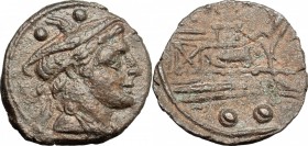 P. Manlius Vulso (?). AE Sextans, Sardinia mint, 210 BC. D/ Bust of Mercury right, draped; above, two pellets. R/ Prow of galley right; before, MA leg...