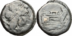 Anonymous. AE Semis, 169-158 BC. D/ Head of Saturn right, laureate. R/ Prow of galley right. Cr. 184/2. AE. g. 9.63 mm. 23.00 Dark patina. F.