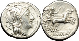 Anonymous. AR Denarius, 157-156 BC. D/ Head of Roma right, helmeted. R/ Victoria in biga right; holding reins and goad. Cr. 197/1a. AR. g. 4.06 mm. 18...