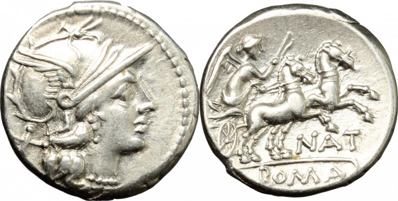 Pinarius Natta. AR Denarius, 155 BC. D/ Head of Roma right, helmeted. R/ Victori...
