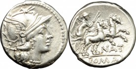 Pinarius Natta. AR Denarius, 155 BC. D/ Head of Roma right, helmeted. R/ Victoria in biga right; holding reins and whip. Cr. 200/1. AR. g. 3.66 mm. 18...