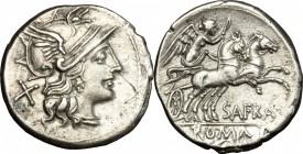 Spurius Afranius. AR Denarius, 150 BC. D/ Head of Roma right, helmeted. R/ Victoria in biga right; holding reins and whip. Cr. 206/1. AR. g. 3.63 mm. ...