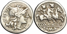 M. Atilius Saranus. AR Denarius, 148 BC. D/ Head of Roma right, helmeted. R/ Dioscuri galloping right. Cr. 214/1. AR. g. 3.71 mm. 20.00 Good VF.