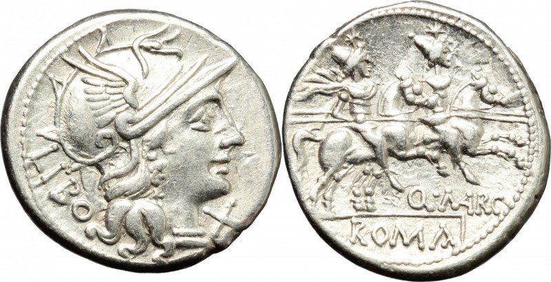Q. Marcius Libo. AR Denarius, 148 BC. D/ Head of Roma right, helmeted. R/ Dioscu...