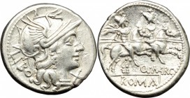 Q. Marcius Libo. AR Denarius, 148 BC. D/ Head of Roma right, helmeted. R/ Dioscuri galloping right. Cr. 215/1. AR. g. 4.12 mm. 19.00 Fine die cut. Abo...
