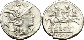 L. Cupiennius. AR Denarius, 147 BC. D/ Head of Roma right, helmeted; behind, cornucopiae. R/ Dioscuri galloping right. Cr. 218/1. AR. g. 3.79 mm. 19.0...
