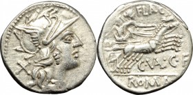C. Valerius Flaccus. AR Denarius, 140 BC. D/ Head of Roma right, helmeted. R/ Victoria in biga right; holding reins and whip. Cr. 228/2. AR. g. 3.81 m...