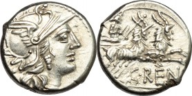 C. Renius. AR Denarius, 138 BC. D/ Head of Roma right, helmeted. R/ Juno in biga of goats right; holding scepter, reins and whip. Cr. 231/1. AR. g. 3....