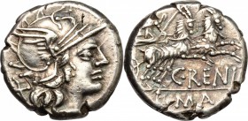 C. Renius. AR Denarius, 138 BC. D/ Head of Roma right, helmeted. R/ Juno in biga of goats right; holding scepter, reins and whip. Cr. 231/1. AR. g. 3....
