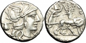 Sex. Pompeius. AR Denarius, 137 BC. D/ Head of Roma right, helmeted; behind, jug. R/ She-wolf standing right; suckling twins; behind, tree with birds;...