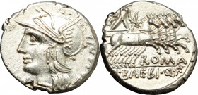 M. Baebius Q. f. Tampilus. AR Denarius, 137 BC. D/ Head of Roma left, helmeted. R/ Apollo in quadriga right. Cr. 236/1. AR. g. 3.94 mm. 19.00 Shraply ...