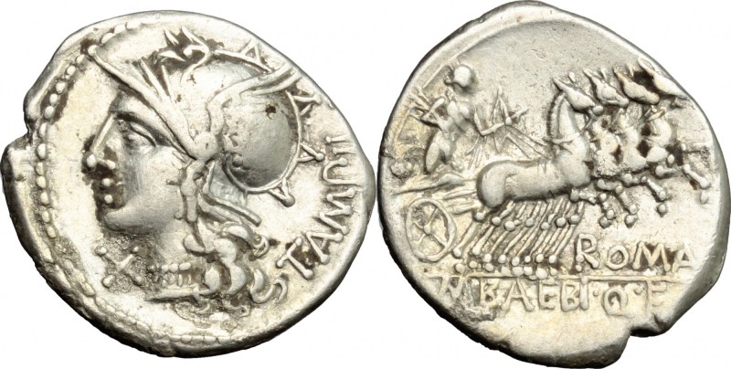 M. Baebius Q. f. Tampilus. AR Denarius, 137 BC. D/ Head of Roma left, helmeted. ...