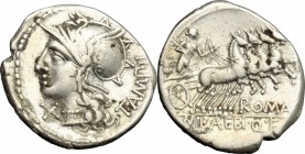 M. Baebius Q. f. Tampilus. AR Denarius, 137 BC. D/ Head of Roma left, helmeted. R/ Apollo in quadriga right. Cr. 236/1. AR. g. 3.84 mm. 20.00 VF.
