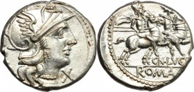 Cn. Lucretius Trio. AR Denarius, 136 BC. D/ Head of Roma right, helmeted. R/ Dioscuri galloping right. Cr. 237/1. AR. g. 3.96 mm. 18.00 Sharply struck...