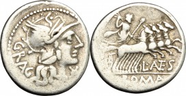 L. Antestius Gragulus. AR Denarius, 136 BC. D/ Head of Roma right, helmeted. R/ Jupiter in quadriga right. Cr. 238/1. AR. g. 3.87 mm. 20.00 VF.