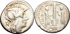 Ti. Minucius C.f. Augurinus. AR Denarius, 134 BC. D/ Head of Roma right, helmeted. R/ Spiral column; on top, statue; to left, togate figure holding lo...