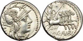 C. Aburius Geminus. AR Denarius, 134 BC:. D/ Head of Roma right, helmeted. R/ Mars in quadriga right. Cr. 244/1. AR. g. 3.91 mm. 18.00 Good VF.