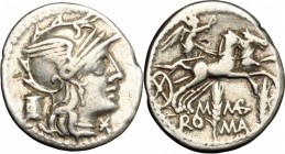 M. Marcius Mn. f. AR Denarius, 134 BC. D/ Head of Roma right, helmeted; behind, modius. R/ Victoria in biga right. Cr. 245/1. AR. g. 3.81 mm. 20.00 VF...
