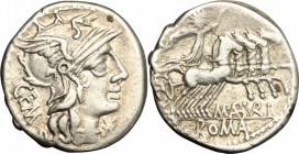 M. Aburius M.f. Geminus. AR Denarius, 132 BC. D/ Head of Roma right, helmeted. R/ Sol in quadriga right. Cr. 250/1. AR. g. 3.92 mm. 19.00 Good VF.