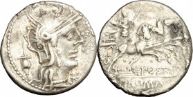 L. Postumius Albinus. AR Denarius, 131 BC. D/ Head of Roma right, helmeted; behind, apex. R/ Mars in quadriga right. Cr. 252/1. AR. g. 3.93 mm. 19.00 ...
