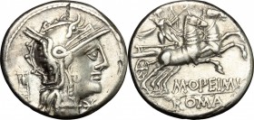 M. Opimius. AR Denarius, 131 BC. D/ Head of Roma right, helmeted; behind, tripod. R/ Apollo in biga right. Cr. 254/1. AR. g. 3.75 mm. 18.00 About EF/G...