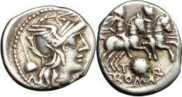 T. Quinctius Flamininus. AR Denarius, 126 BC. D/ Head of Rome right, helmeted; behind, apex. R/ Dioscuri galloping right; below, Macedon shield. Cr. 2...