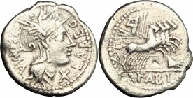Q. Fabius Labeo. AR Denarius, 124 BC. D/ Head of Roma right, helmeted. R/ Jupiter in quadriga right. Cr. 273/1. AR. g. 3.87 mm. 21.00 VF.