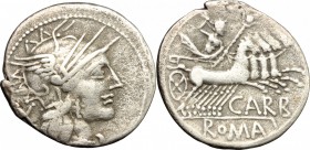 Cn. Papirius Carbo. AR Denarius, 121 BC. D/ Head of Roma right, helmeted. R/ Jupiter in quadriga right. Cr. 279/1. AR. g. 3.58 mm. 21.00 Toned. VF.