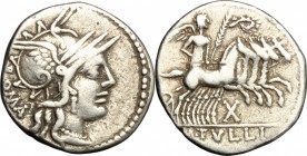 M. Tullius. AR Denarius, 120 BC. D/ Head of Roma right, helmeted. R/ Victoria in quadriga right. Cr. 280/1. AR. g. 3.86 mm. 20.00 Lightly toned. Good ...
