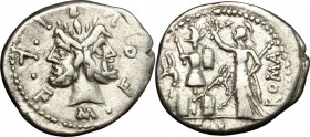 M. Furius L. f. Philus. AR Denarius, 119 BC. D/ Head of Janus, laureate. R/ Roma standing left, holding sceptre and crowning trophy. Cr. 281/1. AR. g....