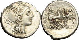 Appius Claudius Pulcher, T. Manlius Mancinus and Q. Urbinius. AR Denarius, 111-110 BC. D/ Head of Roma right, helmeted. R/ Victoria in triga right; ho...