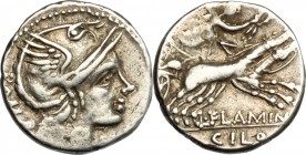 L. Flaminius Chilo. AR Denarius, 109-108 BC. D/ Head of Roma right, helmeted. R/ Victoria in biga right; holding reins and wreath. Cr. 302/1. AR. g. 3...