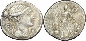 L. Valerius Flaccus. AR Denarius, 108-107 BC. D/ Bust of Victoria right, draped. R/ Mars walking left, holding spear and trophy over left shoulder; be...