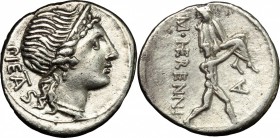 M. Herennius. AR Denarius, 108-107 BC. D/ Diademed head of Pietas right. R/ One of the Catanean brothers running right, carrying his father on his sho...