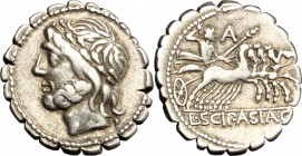 L. Cornelius Scipio Asiagenus. AR Denarius serratus, 106 BC. D/ Head of Jupiter left, laureate. R/ Jupiter in quadriga right. Cr. 311/1d. AR. g. 3.77 ...