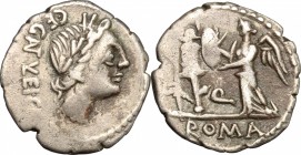C. Egnatuleius C.f. AR Quinarius, 97 BC. D/ Head of Apollo right; below, [Q]. R/ Victoria left inscribing shield attached to trophy; in field Q. Cr. 3...