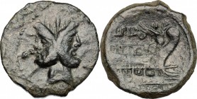 L. Calpurnius Piso Frugi. AE As, 90 BC. D/ Head of Janus, laureate. R/ Prow of galley right, on which Victoria standing right, holding palm. Cr. 340/4...