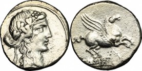 Q. Titius. AR Denarius, 90 BC. D/ Head of Liber right, wearing ivy-wreath. R/ Pegasus right. Cr. 341/2. AR. g. 3.66 mm. 17.00 Good VF.