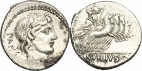 C. Vibius C. f. Pansa. AR Denarius, 90 BC. D/ Head of Apollo right, laureate. R/ Minerva in quadriga right. Cr. 342/5. AR. g. 3.88 mm. 19.00 About EF.