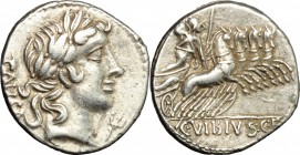 C. Vibius C. f. Pansa. AR Denarius, 90 BC. D/ Laureate head of Apollo right; behind, PANSA; below chin, trident. R/ Minerva in quadriga right. Cr. 342...