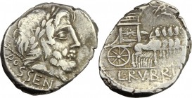L. Rubrius Dossenus. AR Denarius, 87 BC. D/ DOSSEN. Laureate head of Jupiter right, sceptre over shoulder. R/ Triumphal quadriga right decorated with ...
