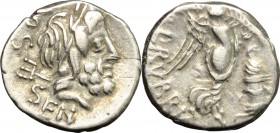 L. Rubrius Dossenus. AR Quinarius, 87 BC. D/ Head of Neptun right; over shoulder, trident. R/ Victoria standing right; holding wreath and palm; before...