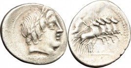 C. Gargonius, Ogulnius and M. Vergilius. AR Denarius, 86 BC. D/ Head of Apollo right, wearing oak-wreath. R/ Jupiter in quadriga right. Cr. 350A/2. AR...